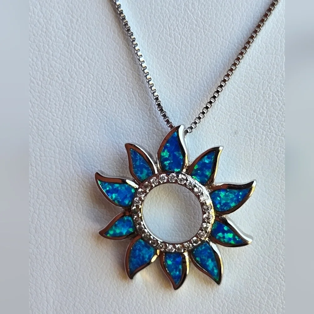 Sterling Silver 925 Necklace Silver 925 Blue Sunflower Opal Pendant Necklace - Picture 16 of 17